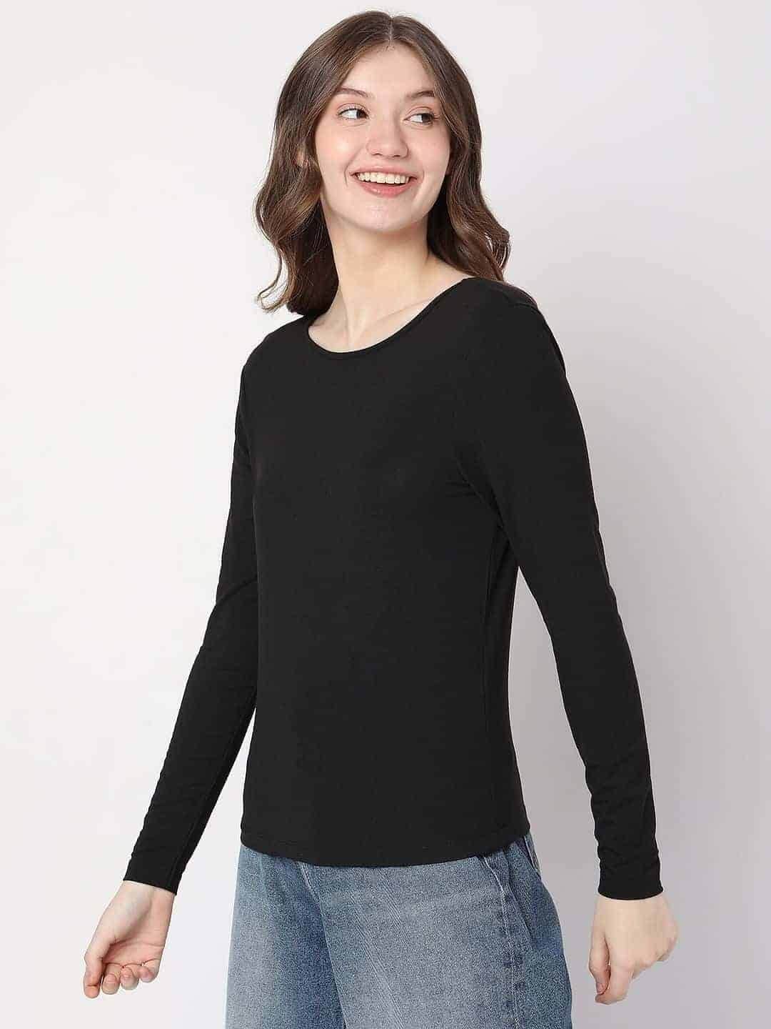 Plain Cotton Full Sleeves T Shirt For Women Black in Solapur