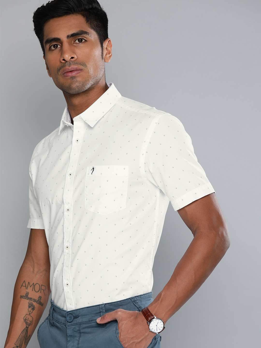 Indian Terrain ITMSH02084WHITESS Mens White Prints Slim Fit Cotton