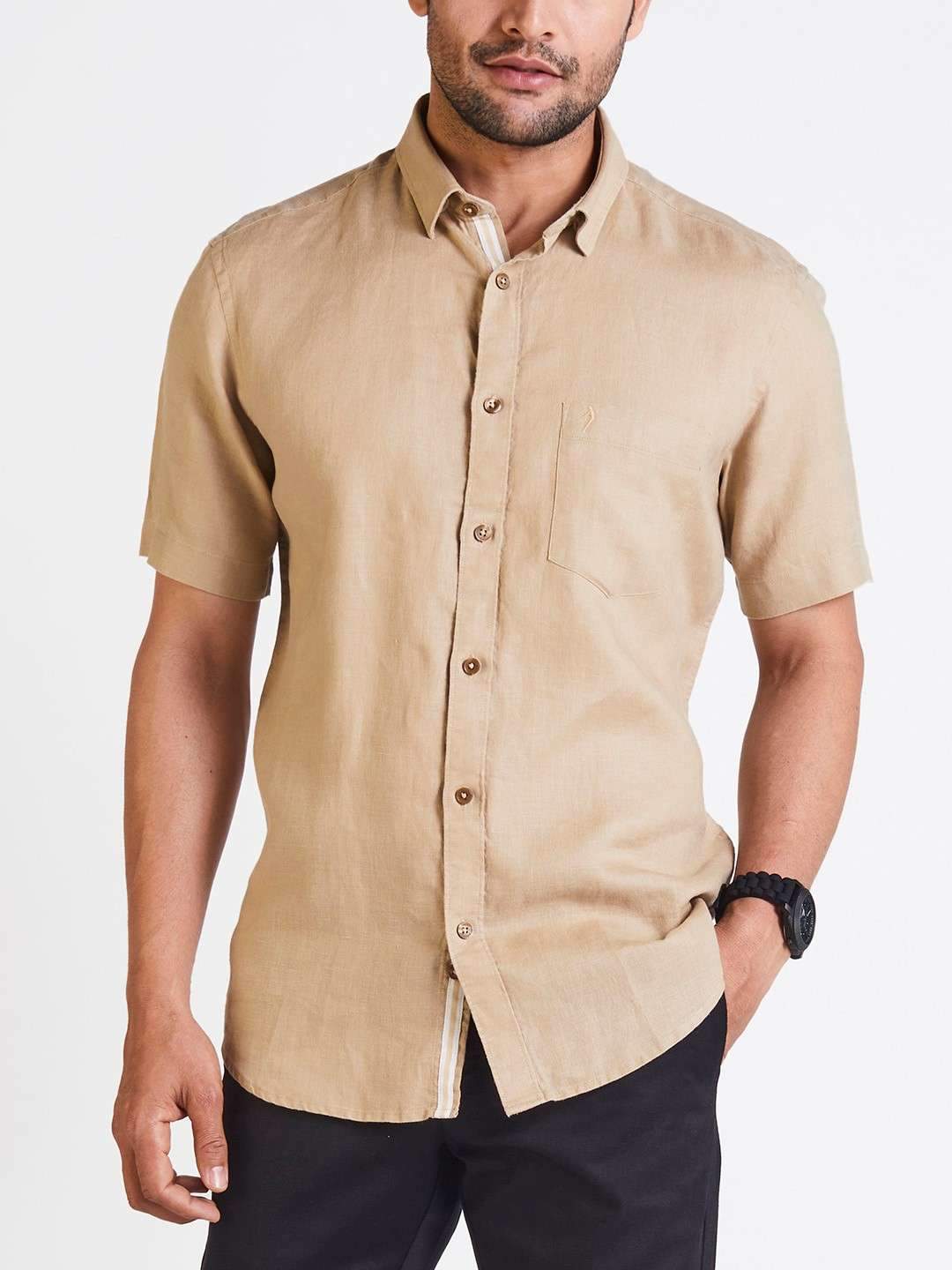 Button 4xl Linen Shirt Indian-Terrain-ITMSH01626KHAKISS-Mens-Khaki