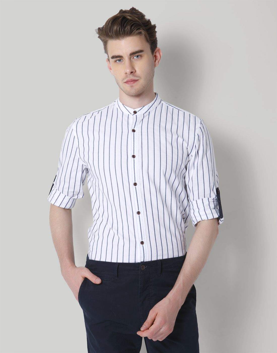 JACK & JONES White Striped Mandarin Collar Shirt [XXL] in
