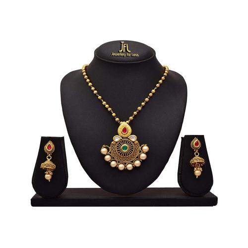 JFL Gold Plated Kundan Pendant Set with Jhumka Earrings for Women