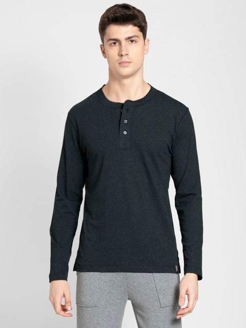 Jockey Full Sleeve Henley T-Shirt for Men Black Melange in