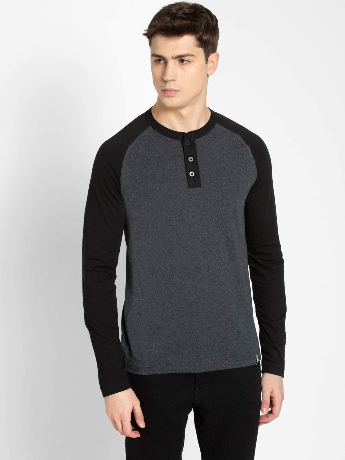 Jockey True Black Melange Henley Long Sleeve T-Shirt (XL) in