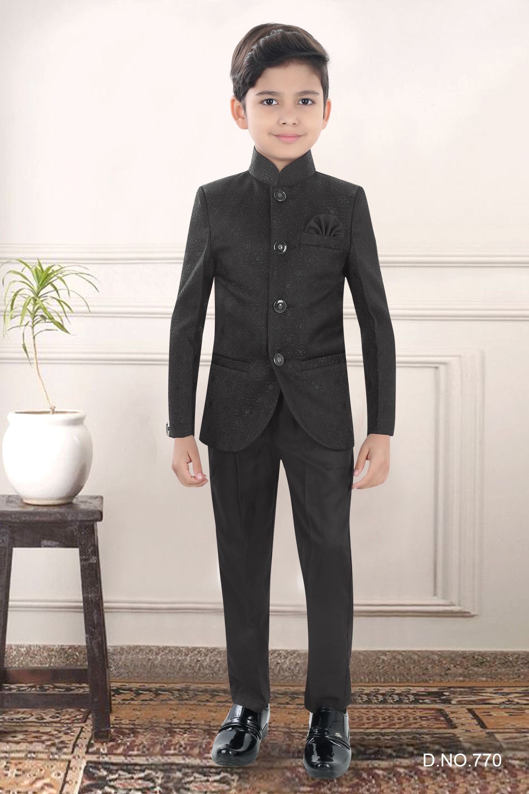 Jodhpuri Style Bandhgala Coat With Pant For Kids, (Color-Black) in - Main Image