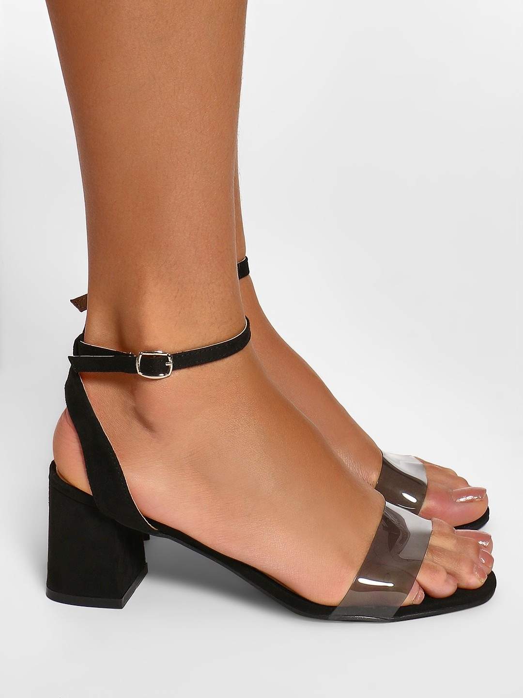 Clear Strap Block Heeled Sandals (Black 