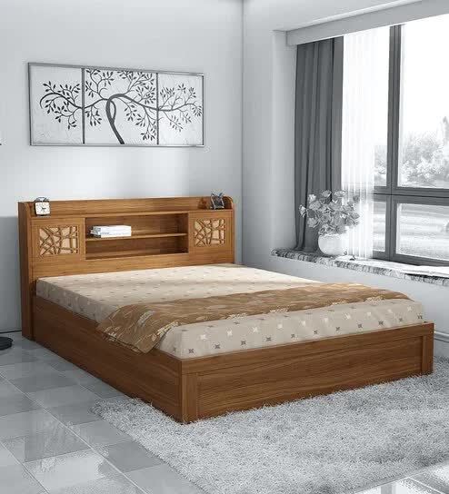 Kosmo Rayan Queen Size Bed With Hydraulic Storage in Natural Teak