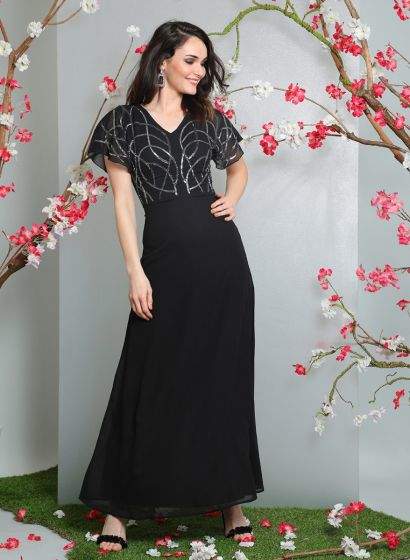 chinese dress ladies Wrap Black Solid Midi Dress for Women main image 1