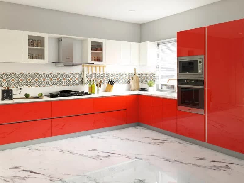 L Shaped Wooden Modular Kitchen Red in Delhi at ₹ 1 L - ₹ 30 L / Unit ...