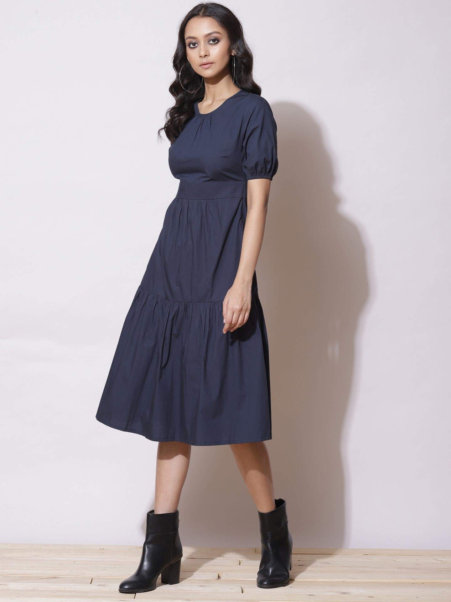 ritu kumar navy blue dress Navy Blue Viscose Silk Floral Printed Midi Dress Design by Ritu Kumar at Pernia's Pop Up Shop 2026
