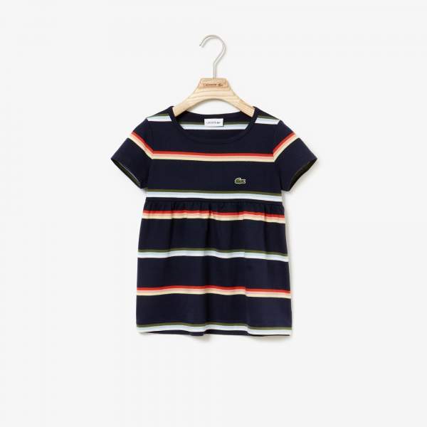 Lacoste Girl's Crew Neck Striped Cotton And Linen Jersey T-Shirt