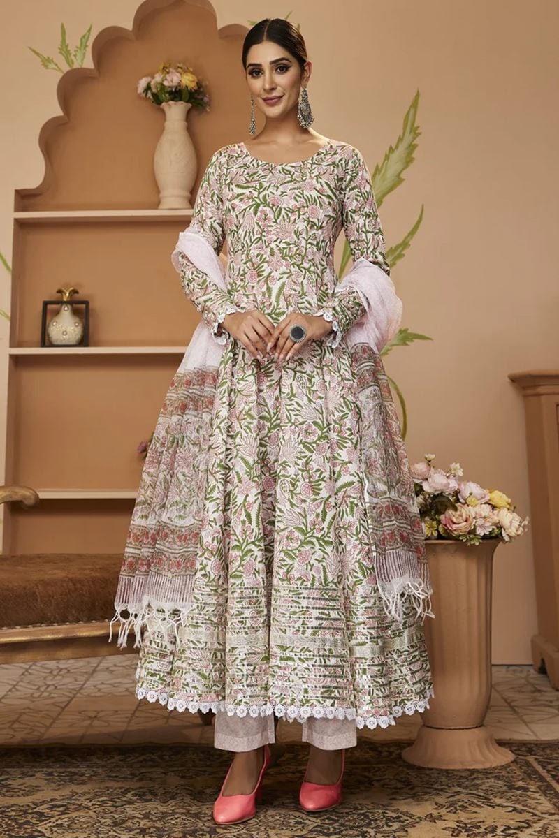 Embroidered Cotton Ladies Anarkali Suit Set for Party Wear in