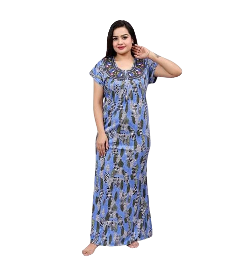 chinese dress ladies ZEYO Night Suit for Women's Navy Blue Printed Cotton Night Dress of To main image 1