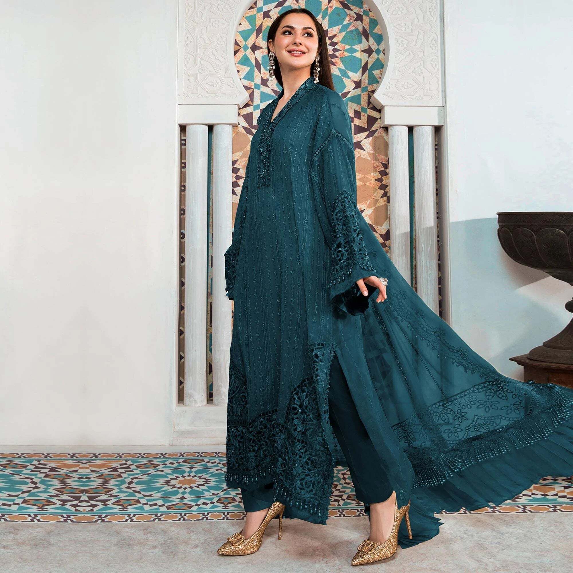 knee length dresses for ladies Coffee Georgette Palazzo Suit for Wedding