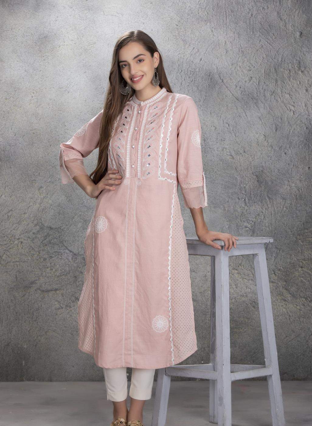 Lakshita Blush Pink Embroidered Linen Cotton Kurta With Mirror