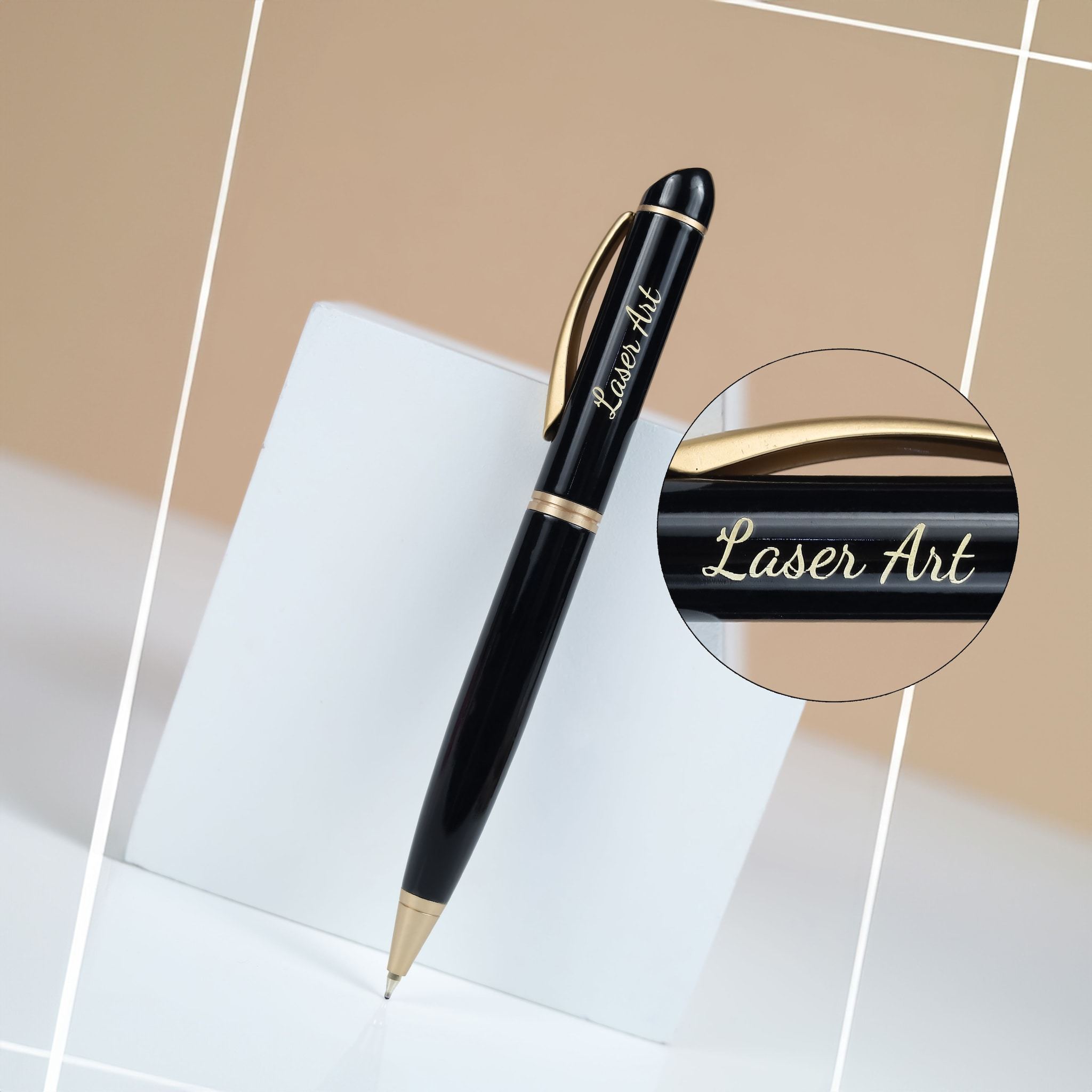 LASER ART Personalized Black Golden Rim Pen Engrave Your Name