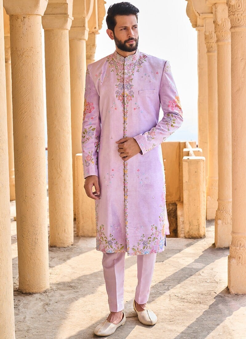 Lashkaraa Lavender Hand Embroidered Velvet Sherwani in Surat at