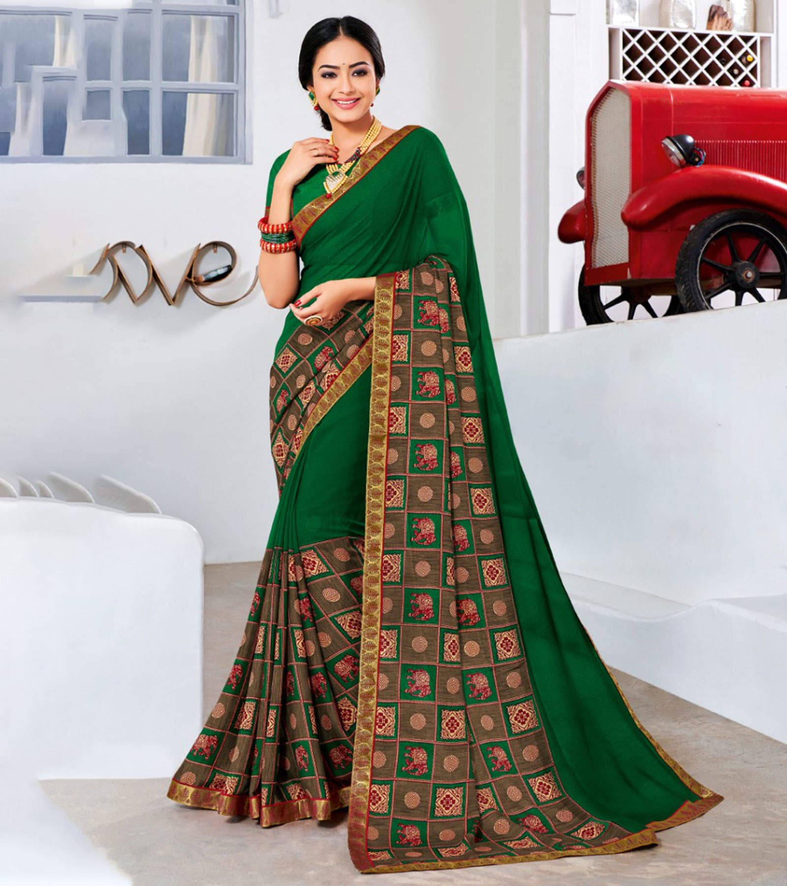 Laxmipati Georgette Satin Silk Green Saree (AAWARI 5687) in
