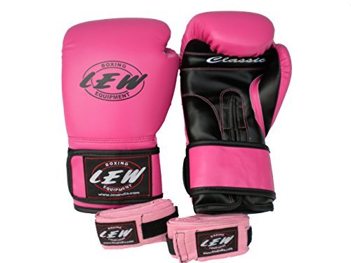 LEW PU Leather Pink Classic Boxing Gloves With Hand Wraps Velcro