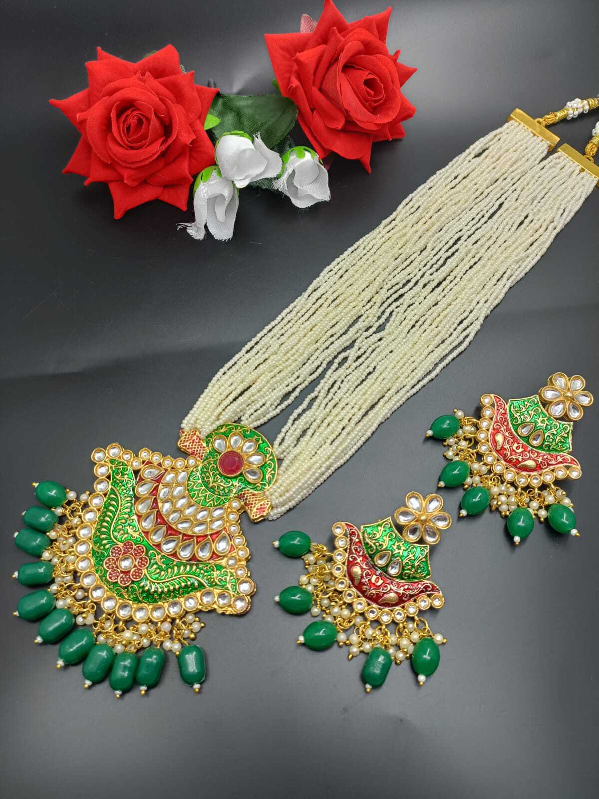 Long Meenakari Green Kundan Necklace Set For Women MKN-06 in
