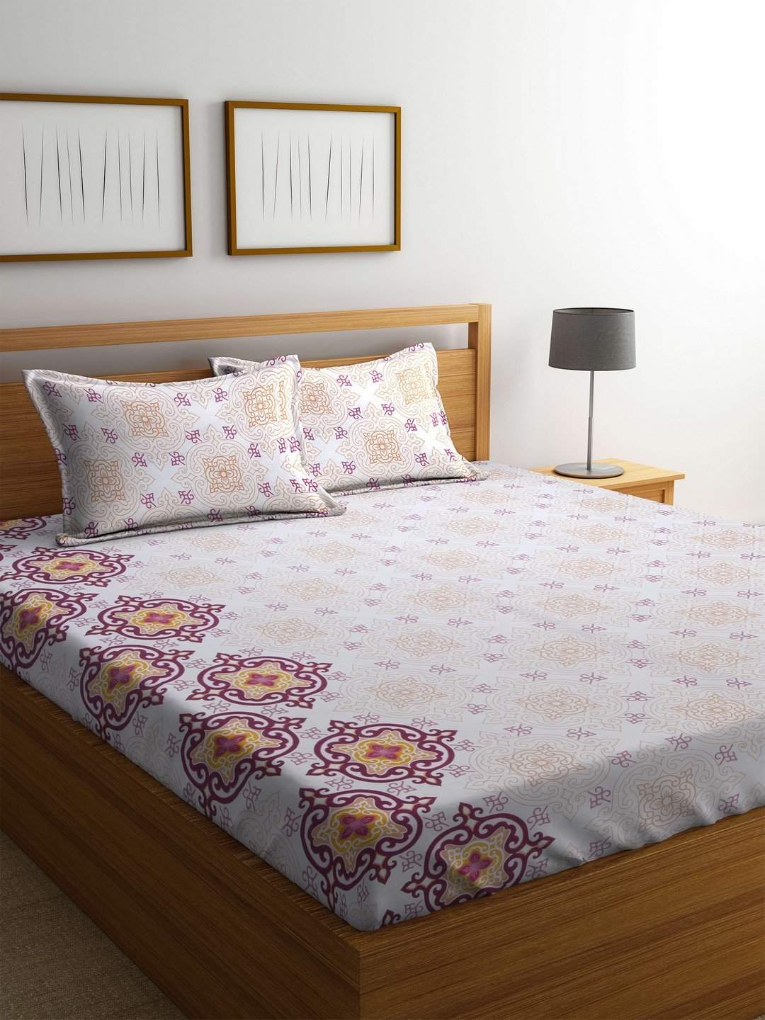 Mafatlal Pure Cotton King Size Bedsheet Set - 144 TC Hand Printed Jaipuri Design, White Smoke, Includes 2 Pillow Covers