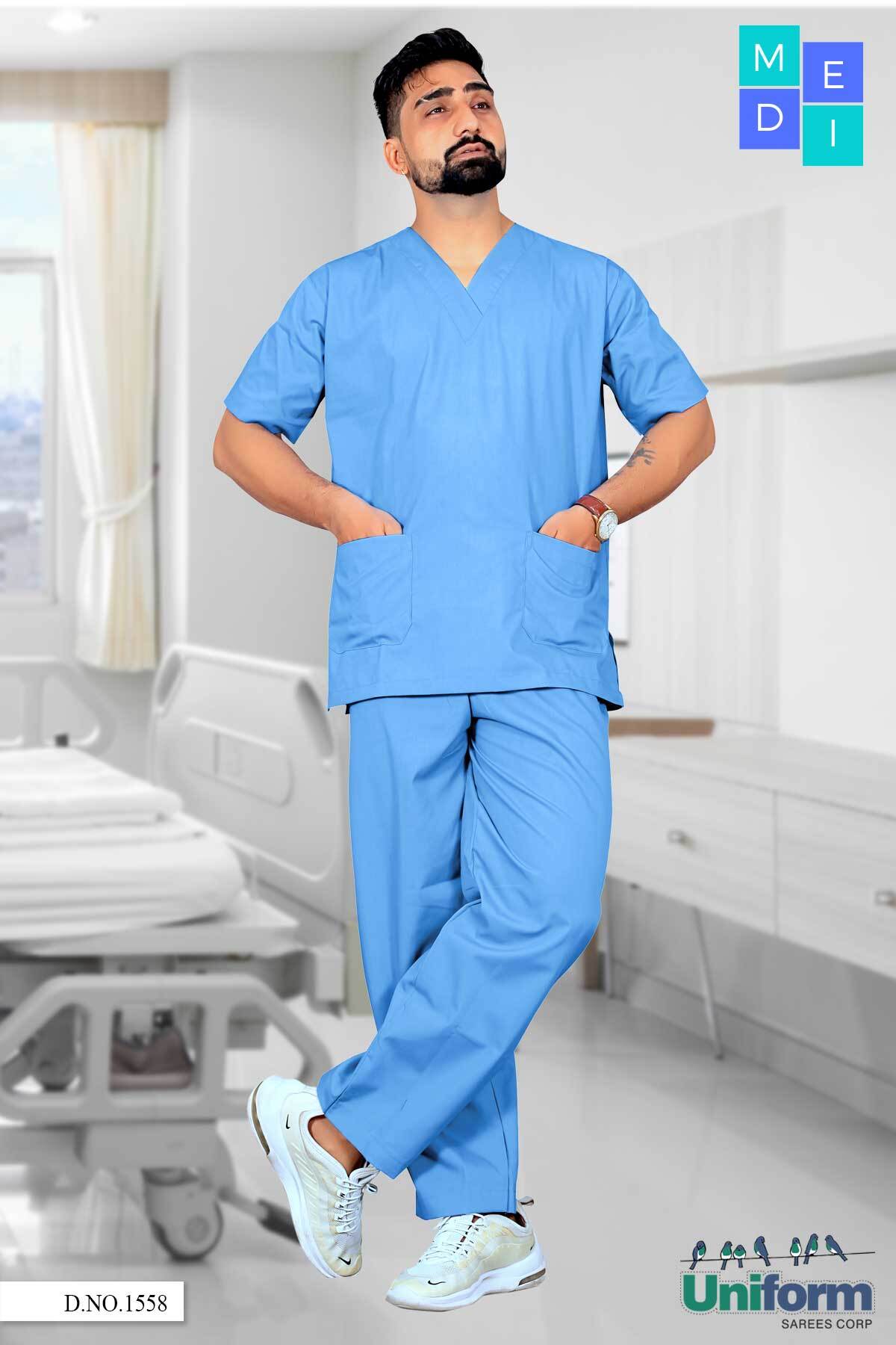 White Poly Cotton Male Nurse Uniform Set, V-neck, Button Closure