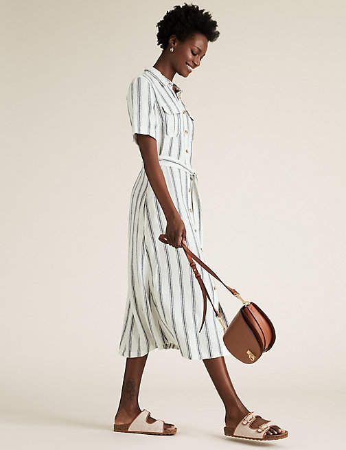 MARKS SPENCER Linen Striped Belted Midi Shirt Dress in Indore at