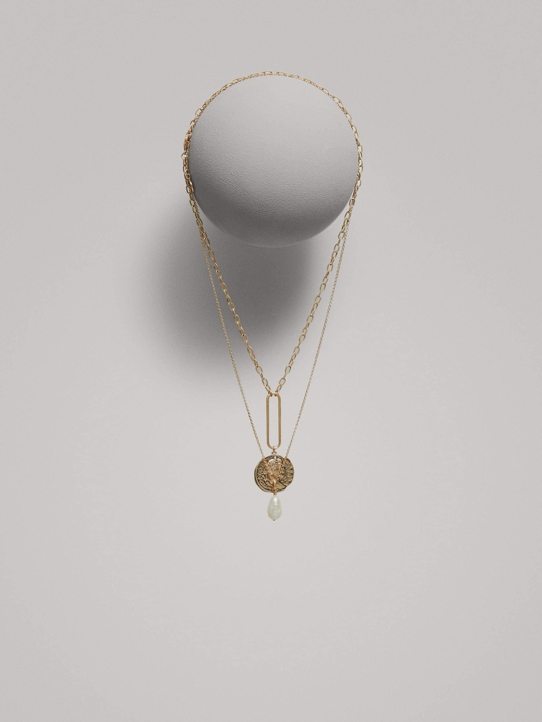 Massimo Dutti Double-Strand Chain Necklace With Coin And Pearl