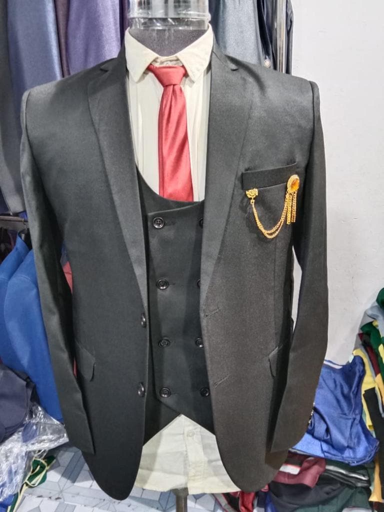 Men Black Simple Solid Single-Breasted Three-Piece Party Suit in