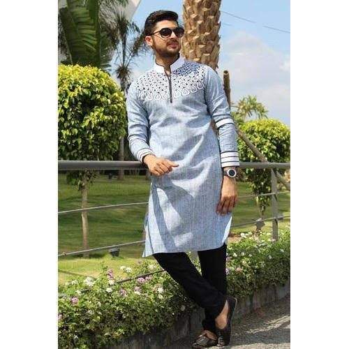 Men Cotton Designer Long Kurta Pyjama 