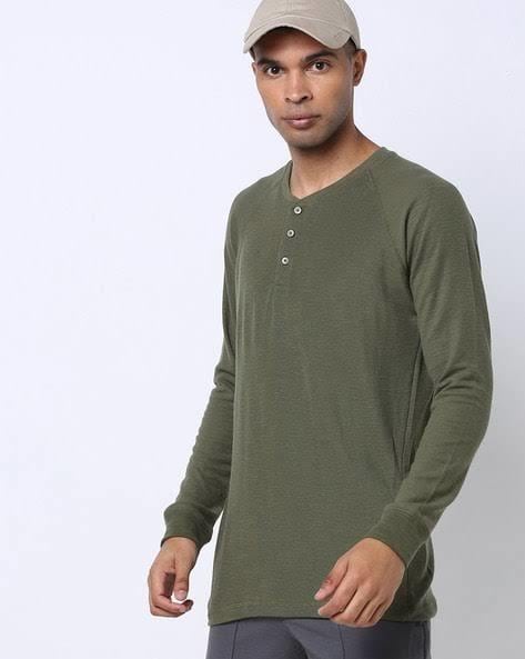 Men Henley Solid Casual Fit Cotton Green T Shirt XL Size in