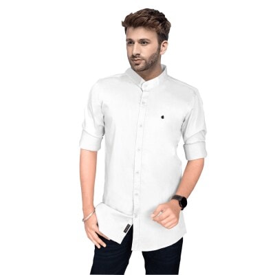 Men Slim Fit Solid Button Down Collar White Casual Shirt in Surat
