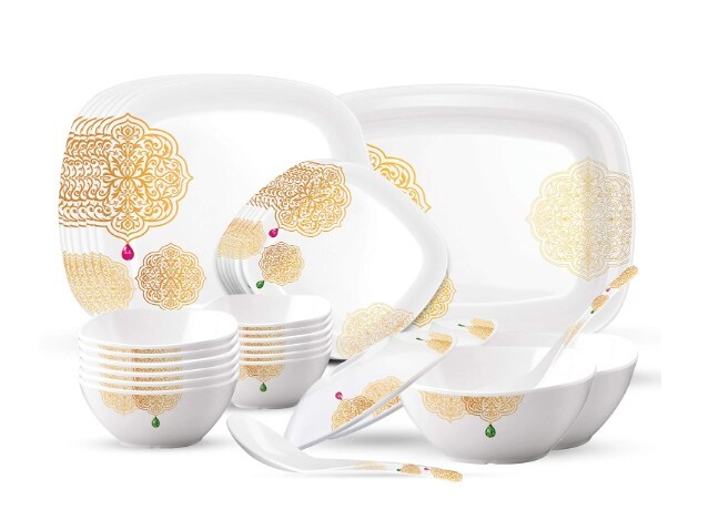 Milton Square And Round Melamine Dinner Set (White Golden) in