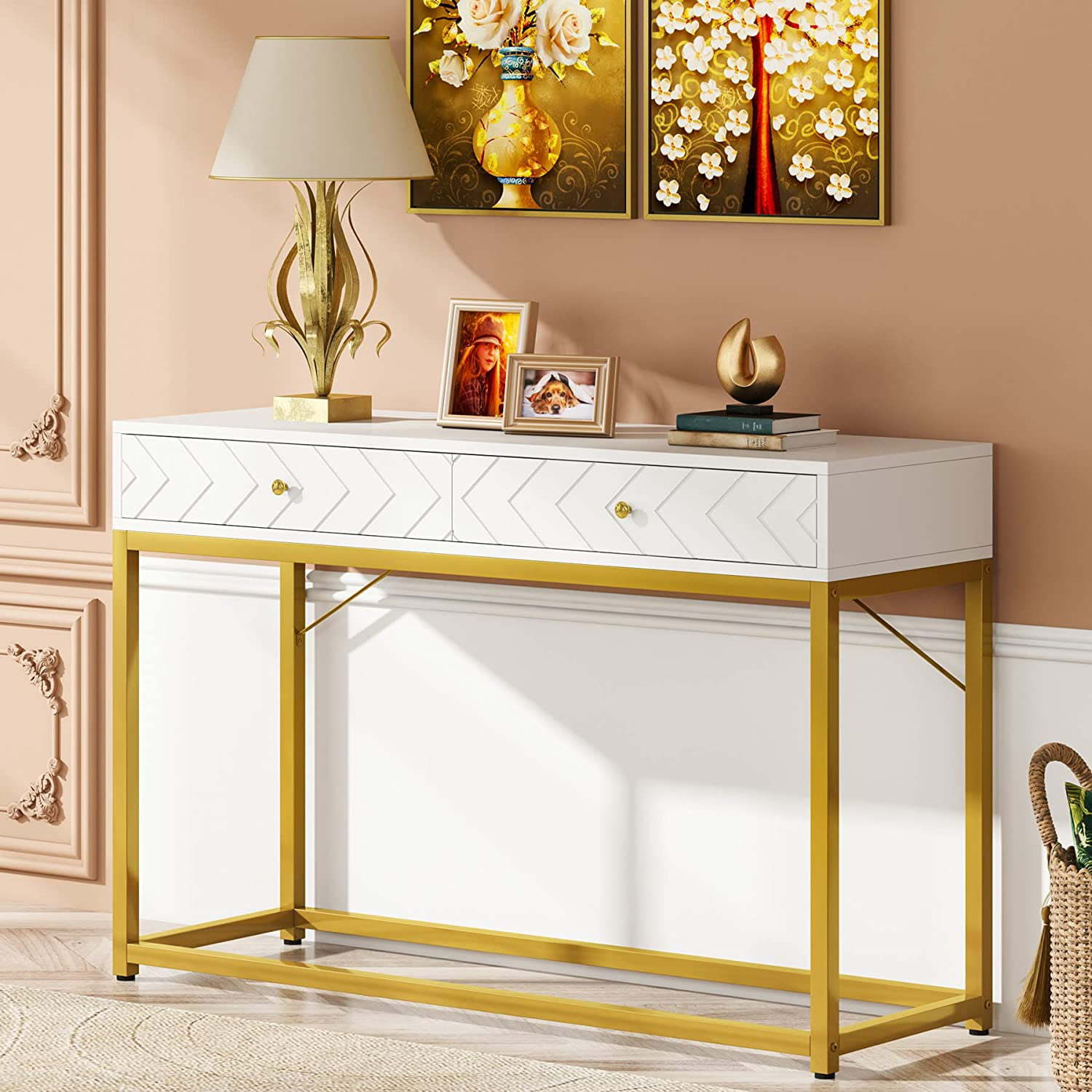 Modern Console Table With Drawers White And Golden x