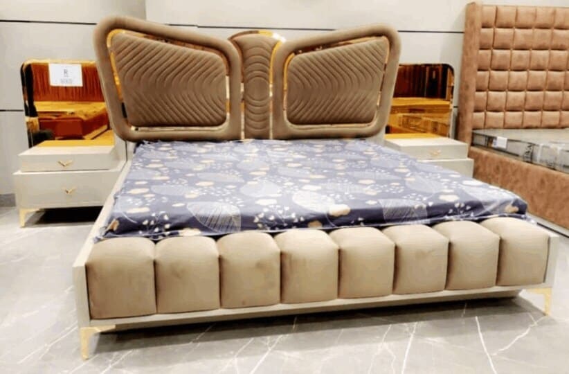 Wood Modern Design Double Bed With Headboard and Side Stool in