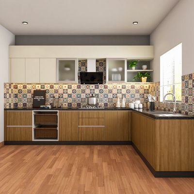 Modern L Shaped Modular Kitchen Design With White And Wood Cabinets in ...