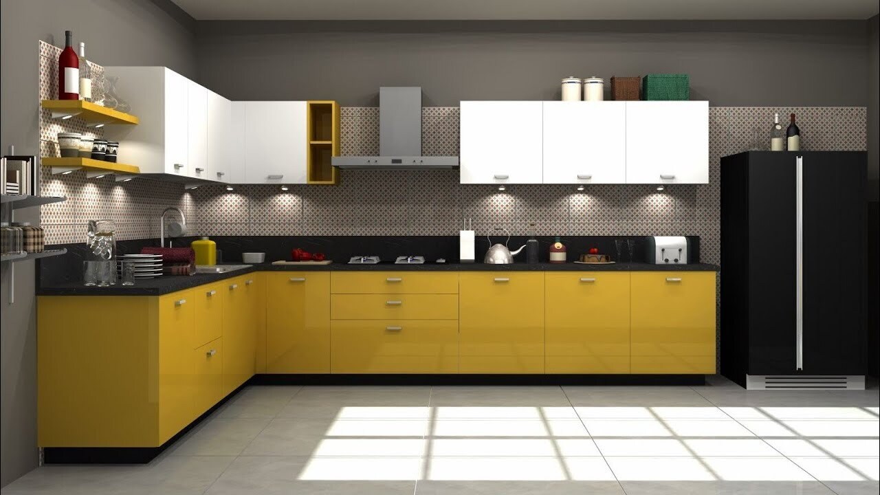 Modern L Shaped Modular Kitchen Design With White And Wood Cabinets in ...