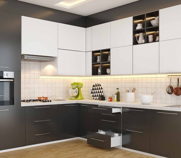 Modern L Shaped Modular Kitchen Design With White And Wood Cabinets in ...