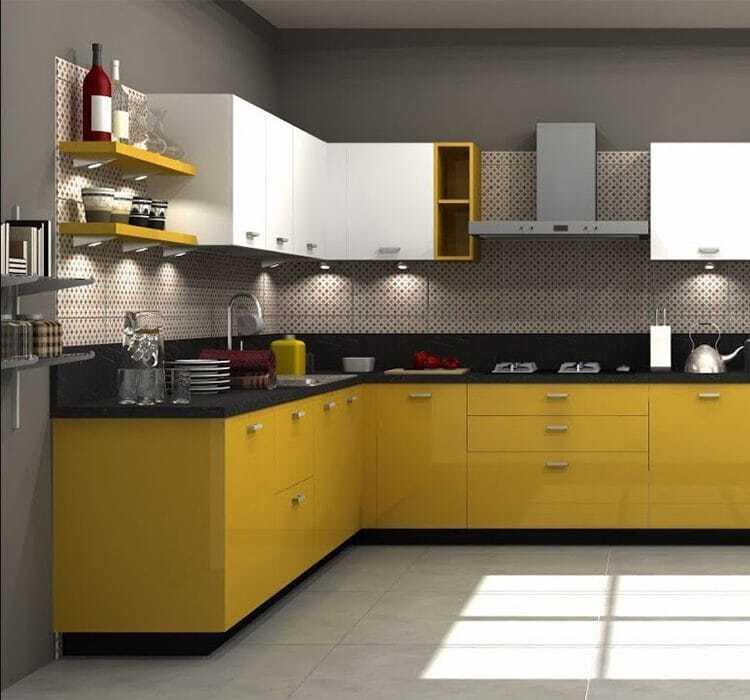Modern L Shaped Modular Kitchen Design With White And Wood Cabinets in ...