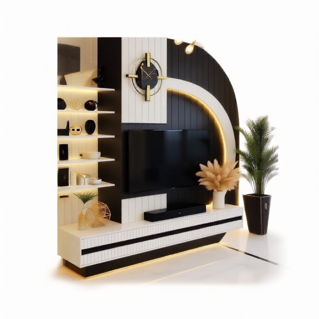 Modern TV Unit Design, Vertical Slats, Circular Motif, Multi-Tier Shelving