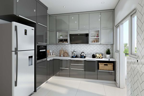 Modular Compact L Shaped Kitchen Design In Dark Hues in Pune at