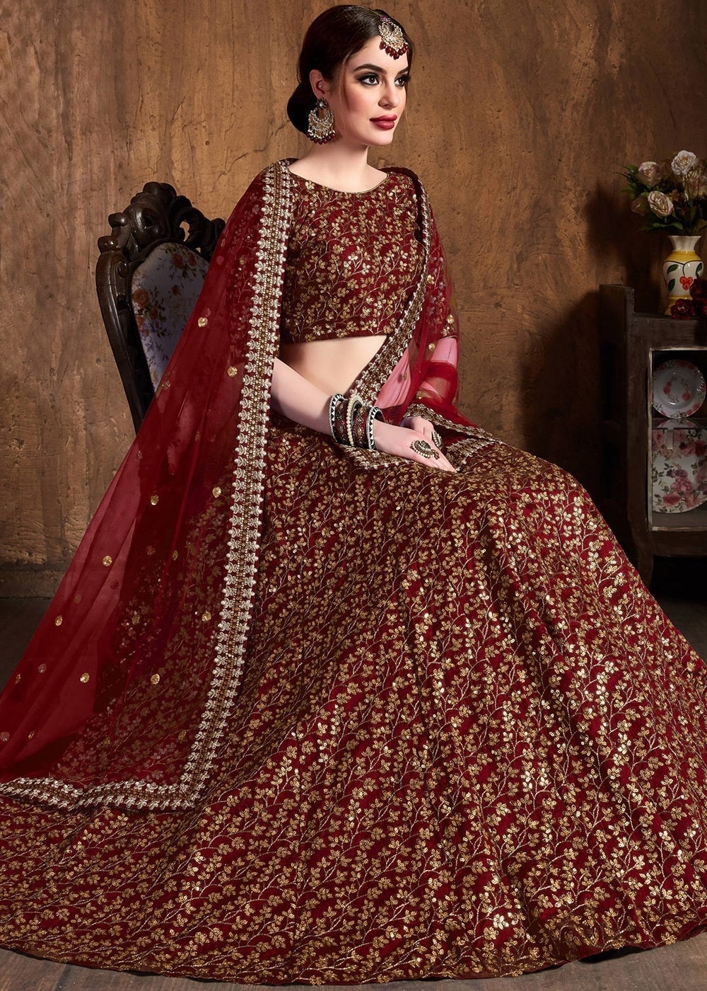 Maroon Latest Lehenga Chunni Designer Pakistani Bridal Dress In