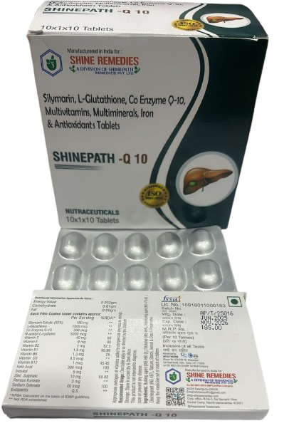 kenpur pharma glutathione Shine Remidies Shinepath- Q 10 Silymarin, L-Glutathione, Co Enzyme Q 10,  Multivitamin , Multiminerals Tablet, Pack Size- 10*1*10 Tablets in Lucknow  at ₹ 185 / Pc by Shinepath Remedies Private Limited
