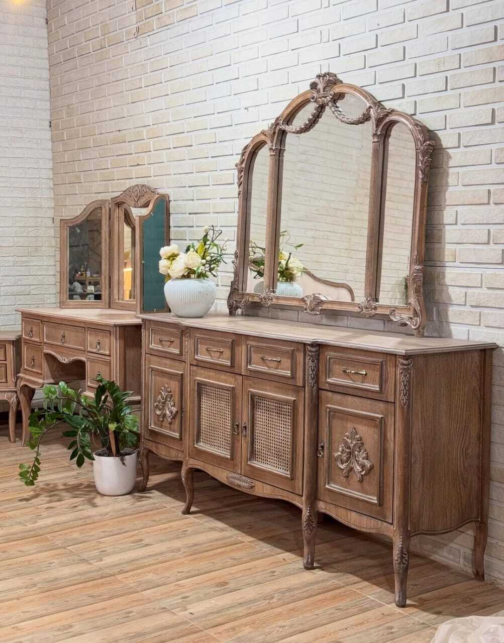 dark brown wood dressing table Dark Wood Triple Dressing Table Mirror main image 0