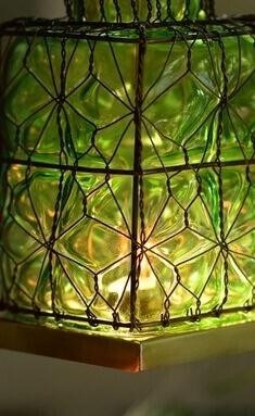 Green Glass Lantern, Wire Mesh Cage, Brass Base, Hanging Form Factor