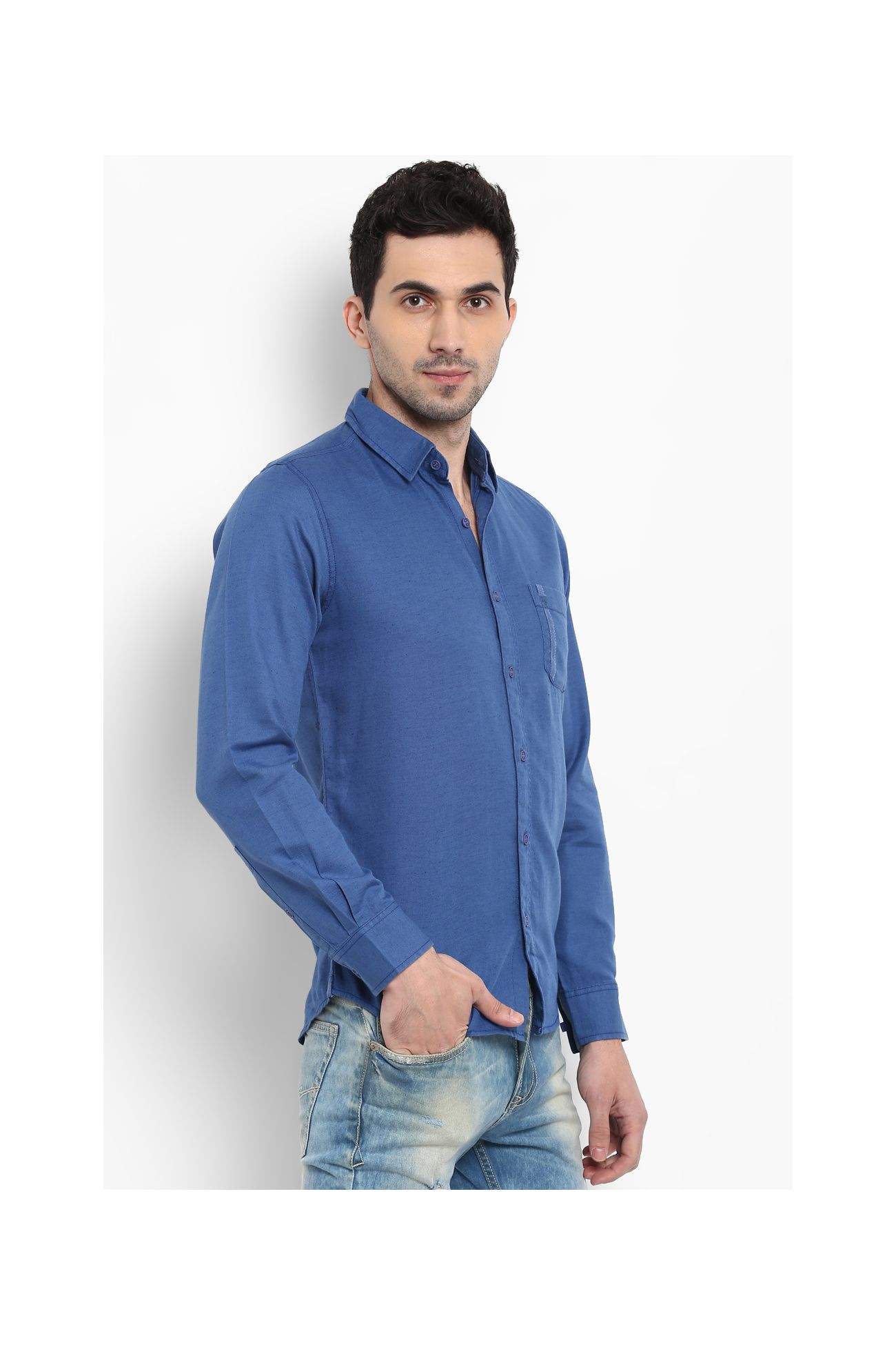 Mufti Blue Solid Full Sleeves Cotton 