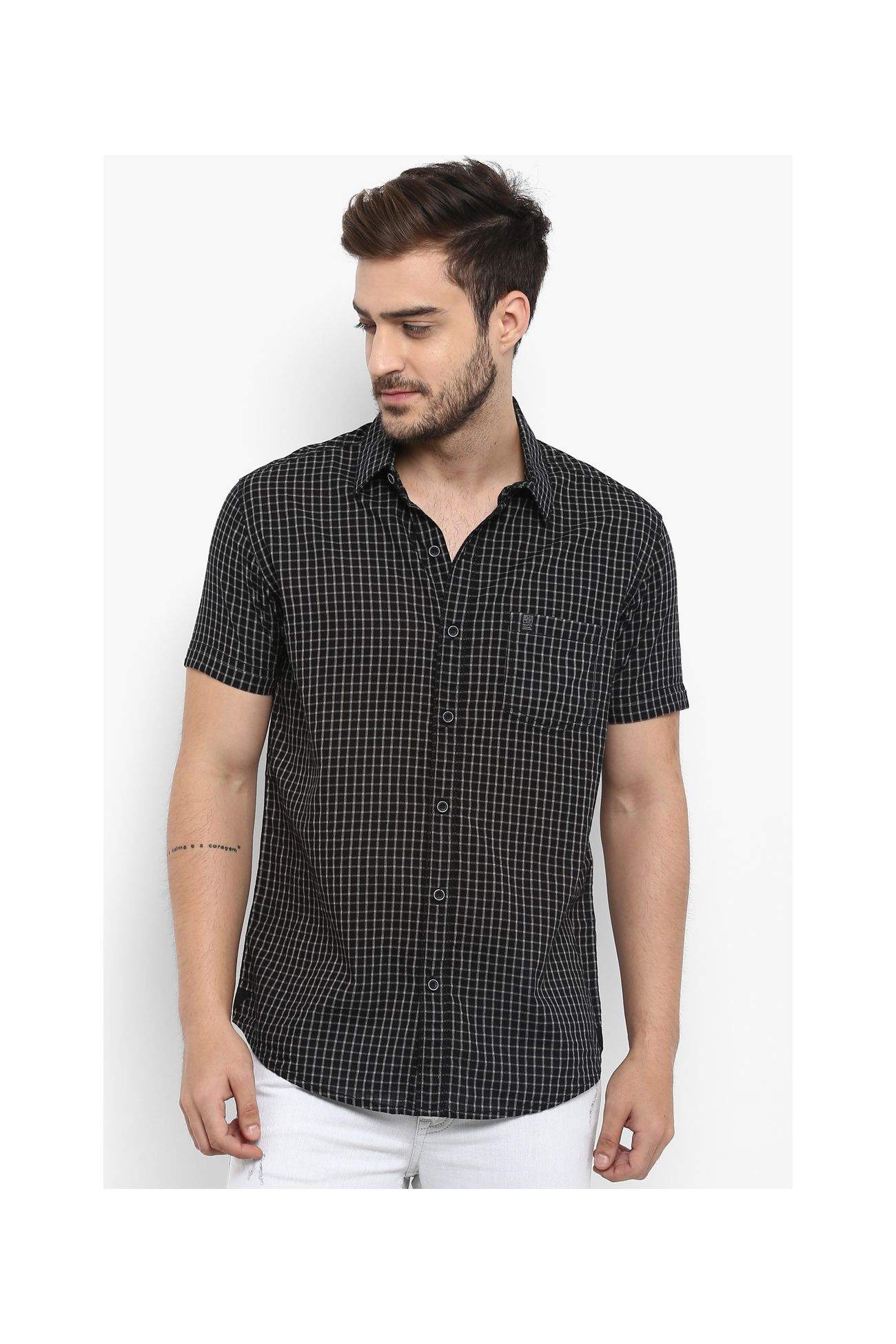 MUFTI Cotton Black Spread Collar Micro Checks Half Sleeves Men's