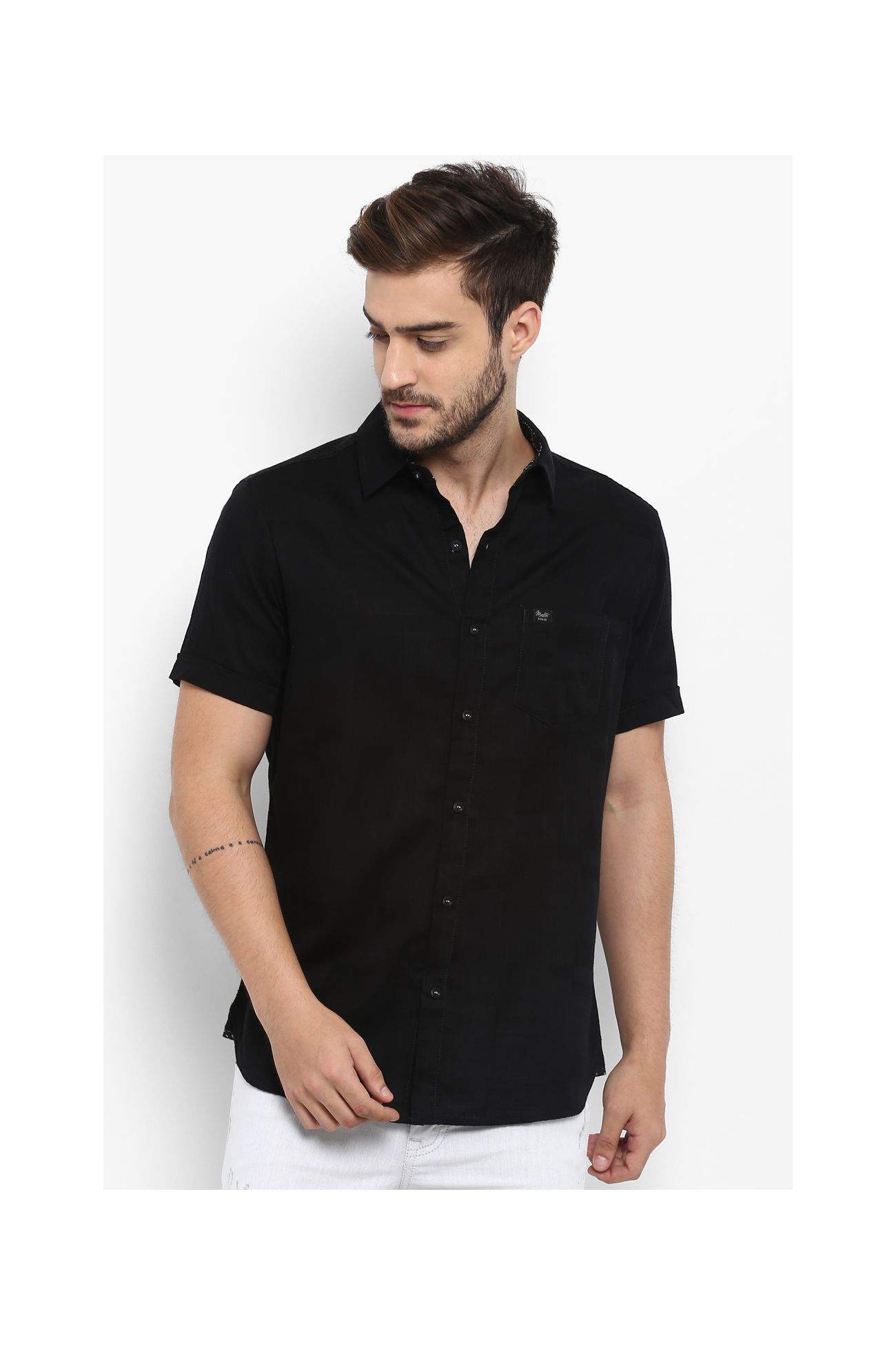 MUFTI Cotton Black Spread Collar Solid Half Sleeves Men's Shirts