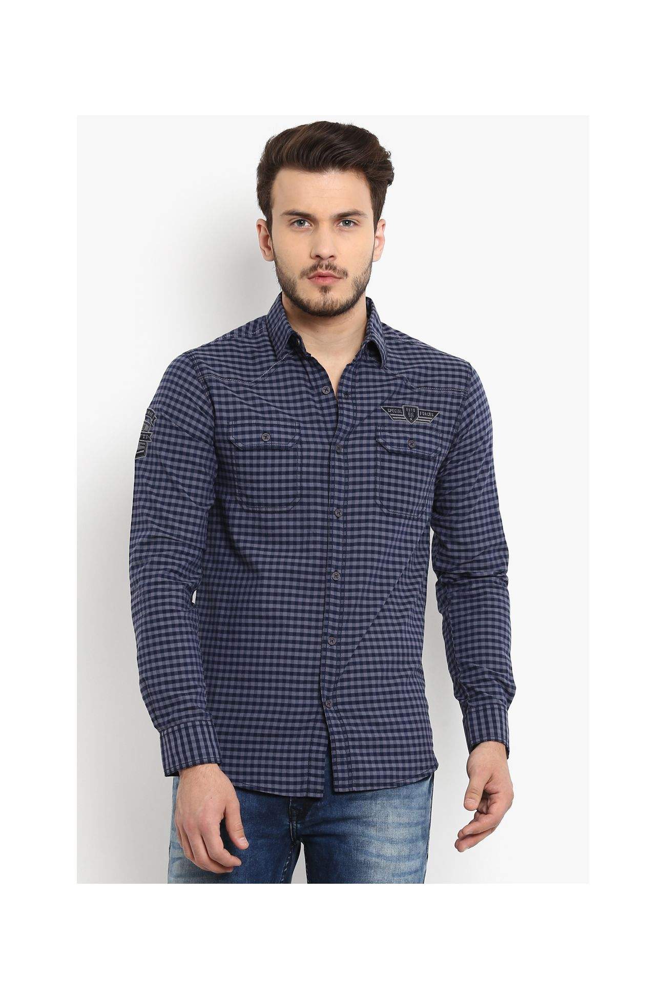 MUFTI Cotton Blue Spread Collar Gingham Checks Full Sleeves Men's