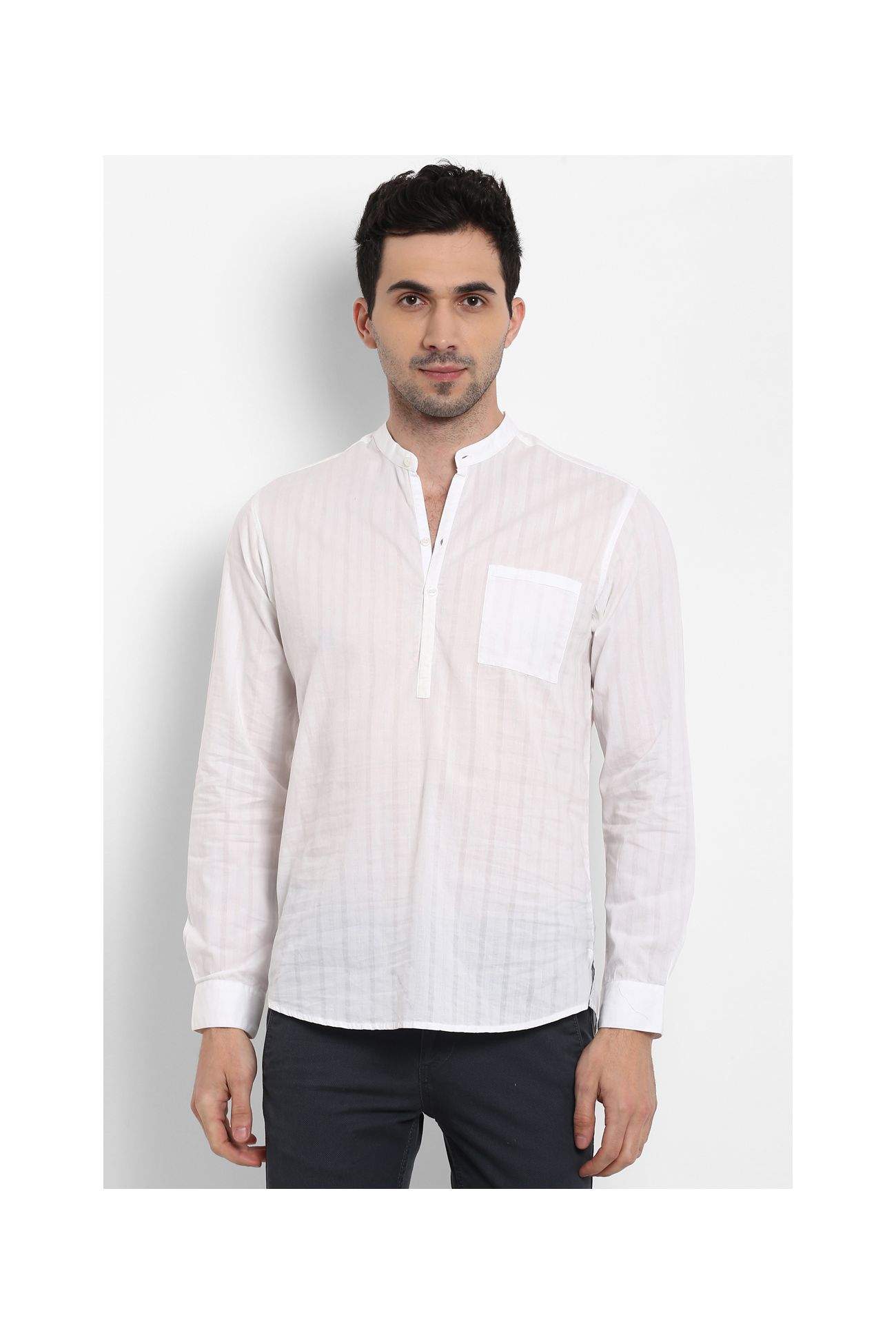 MUFTI Cotton White Spread Collar Solid Full Sleeves Shirt in