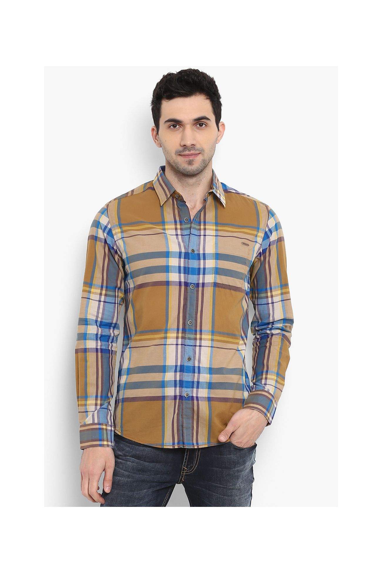 MUFTI Khaki Shepherd Checks Spread Collar Full Sleeves Cotton